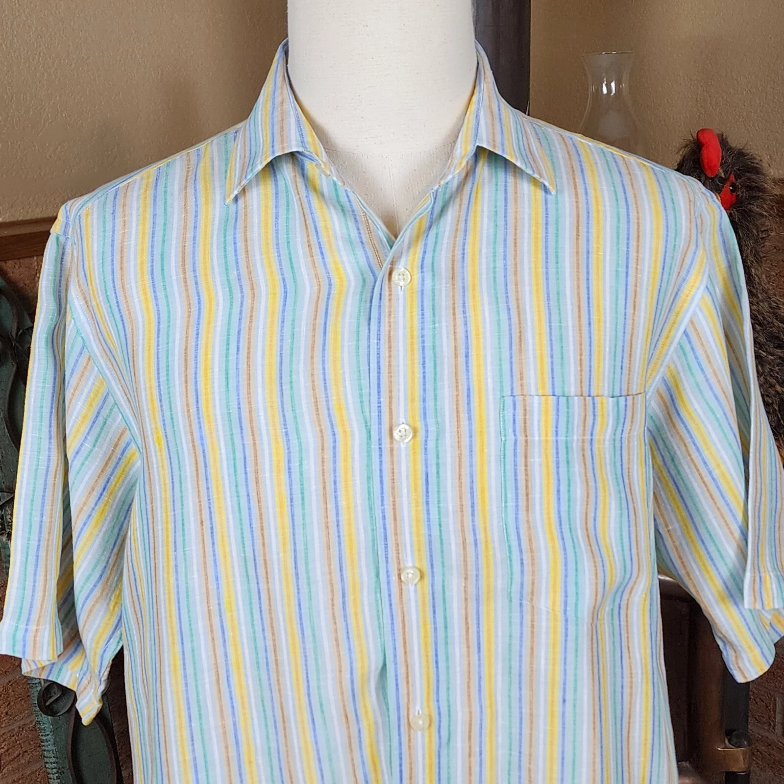Toscano Linen Button Front Short Sleeve Striped Men's Shirt Size L
