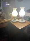 PAIR Vtg HOBNAIL Milk Glass Hurricane PARLOR Table Boudoir LAMPS  Nice