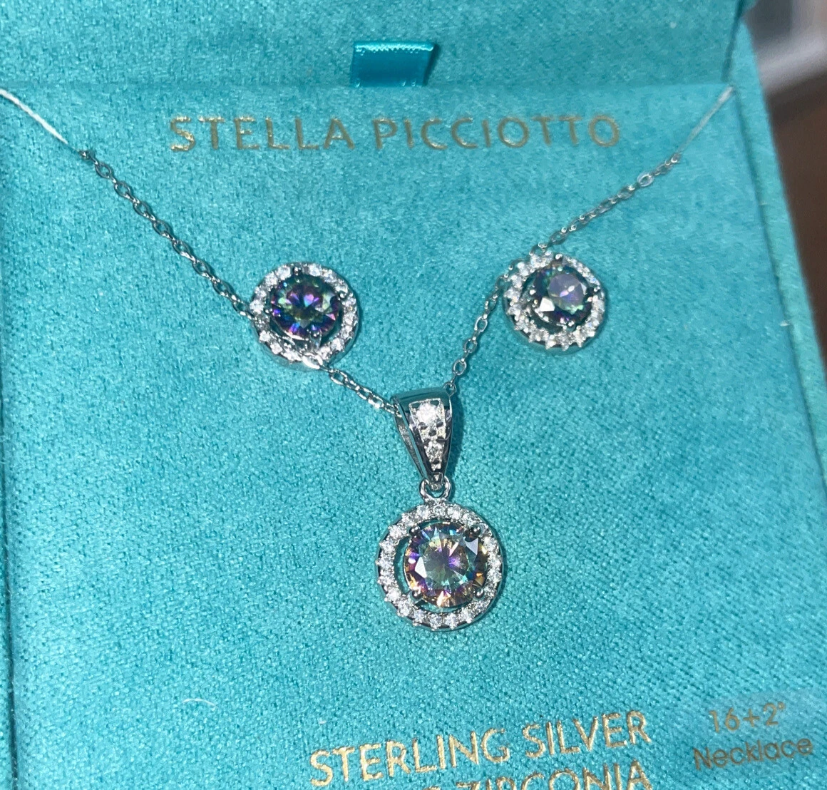 New STELLA PICCIOTTO STERLING SILVER Fire Topaz Purple Green Cz Necklace Earring