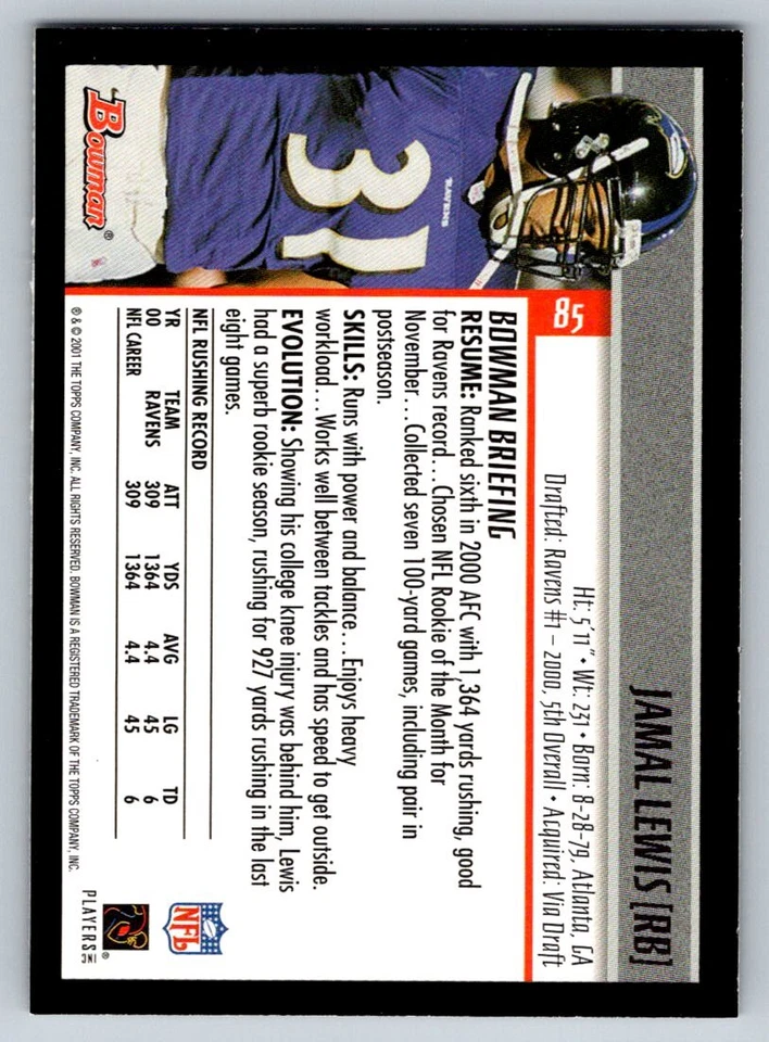 2001 Bowman #85 Jamal Lewis Baltimore Ravens - Image 2 of 2