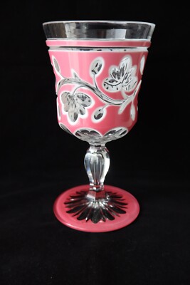 Antique French St Louis opaline pink overlay optic cut chalice glass c 1850
