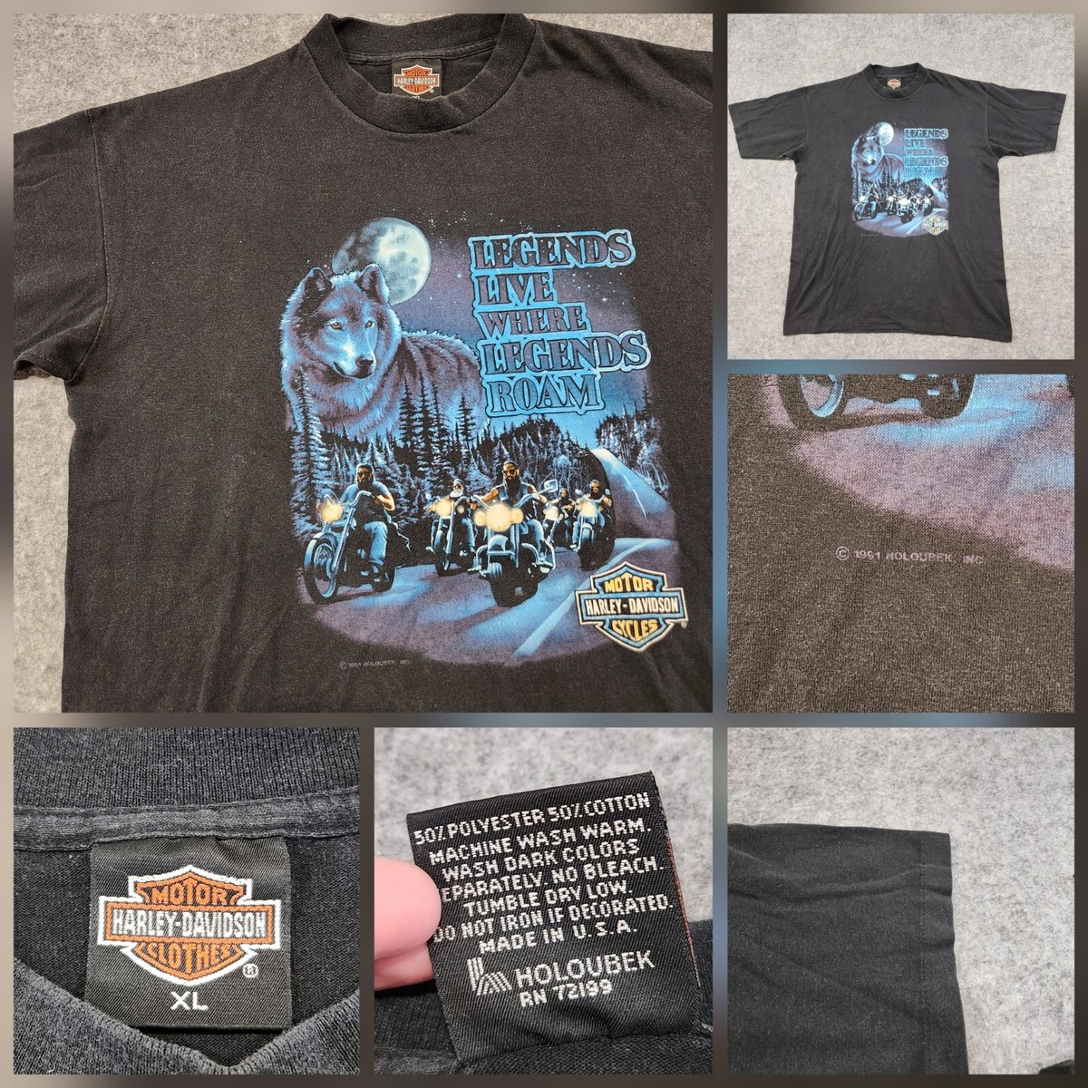 VTG 90s Harley Davidson Motorcycles Mens XL Holoubek Wolf Single 