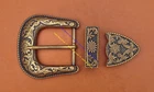 Western Belt Buckle Three Piece Set Antique Brass Floral Design Unisex 1 1/2"