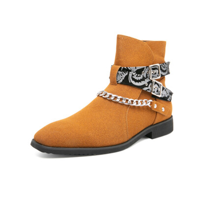 Men's Black Western Cowboy Boots - Chain Strap Detail, Pointed Toe, Mid-Calf, Preowned Condition