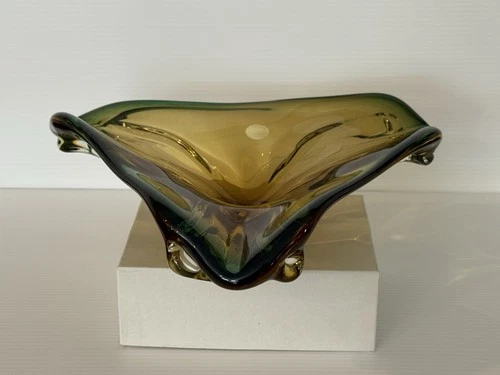 Murano Sommerso Art Glass Bowl Amber Green Freeform Vintage Italy Tri-Lobed