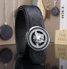 Versace Medusa Head Black Embossed Leather Belt Silver Round Buckle