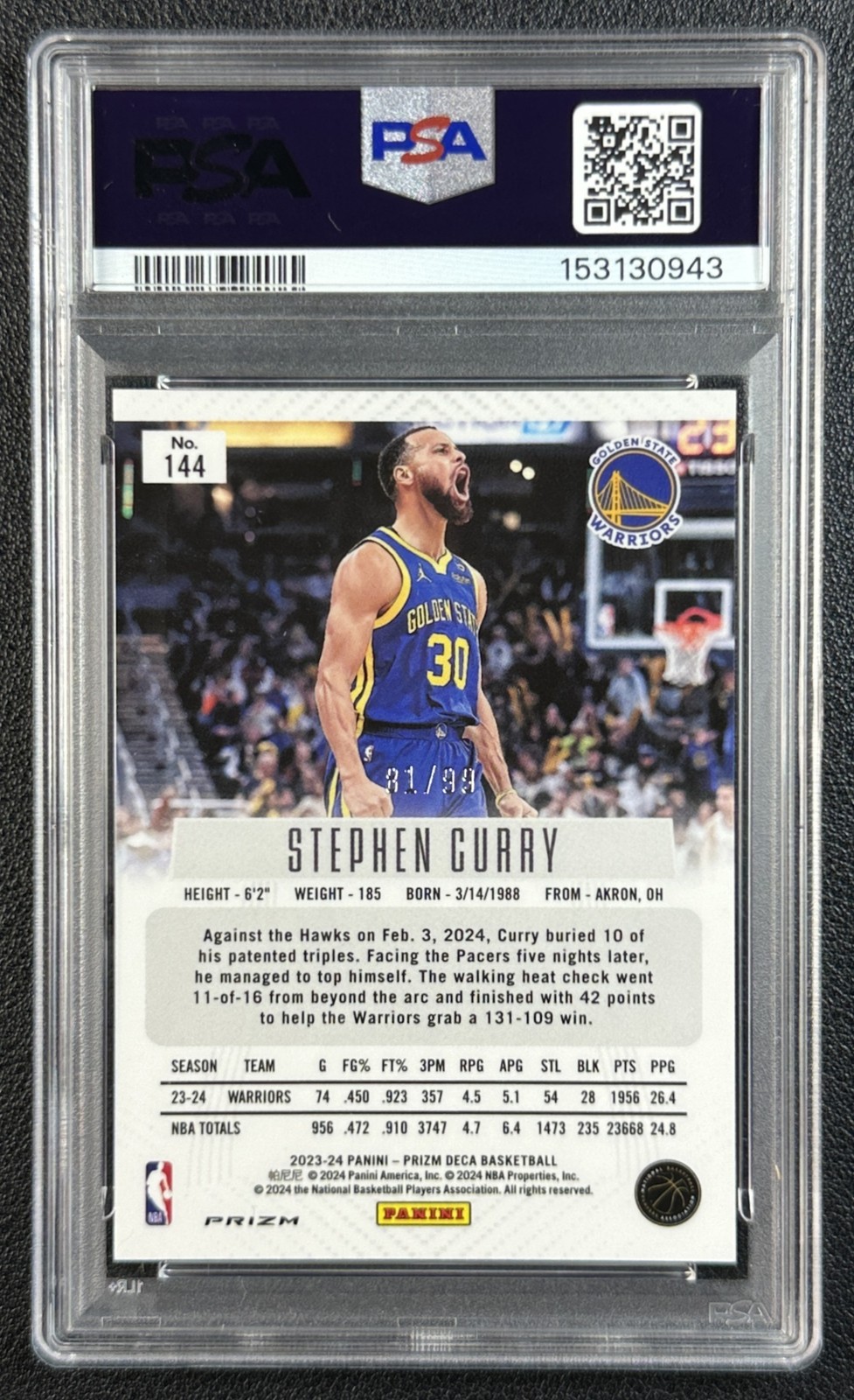 STEPHEN STEPH CURRY PSA 10 2023-24 PANINI PRIZM DECA #144 PURPLE 81/99 WARRIORS view 2