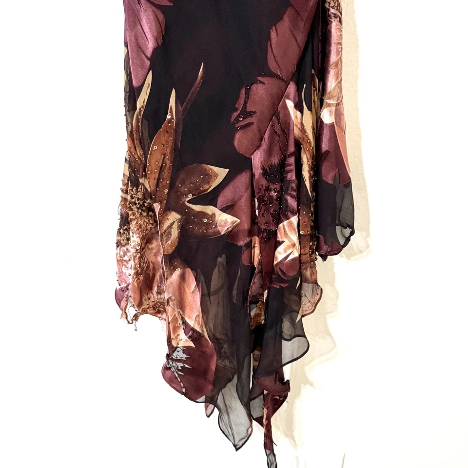 Vtg Cache Silk Beaded Floral Dress Y2K Cowl Neck Asymmetrical Handkerchief Fairy - Image 4 of 4