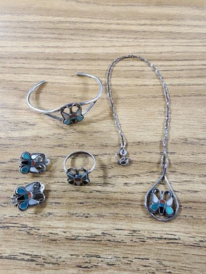 Antik Sterling Silber Indianer ZUNI Türkis Schmetterling Kinder Schmuck - Bild 1 von 4