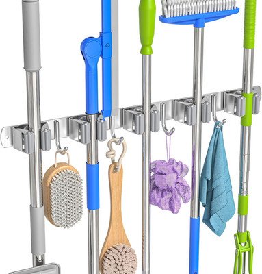 Broom Holder Wall Mount Mop Organizer Stainless Steel 5 Racks 4 Hooks