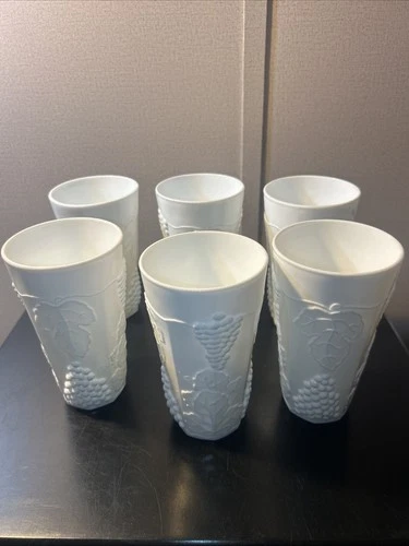 Vintage Milk Glass 6 Tumblers, Harvest Colony, Grape Pattern