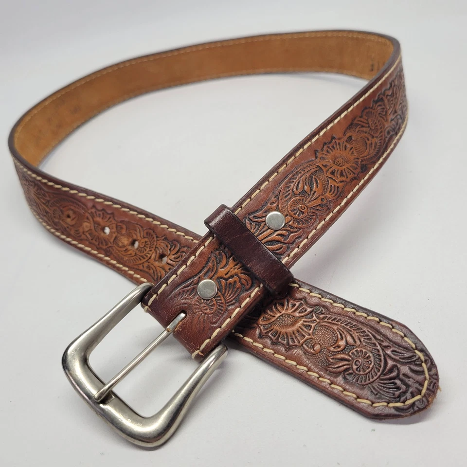 Connie Leather Belt 32 Tooled Western Cowgirl Brown Vtg - Image 2 of 4