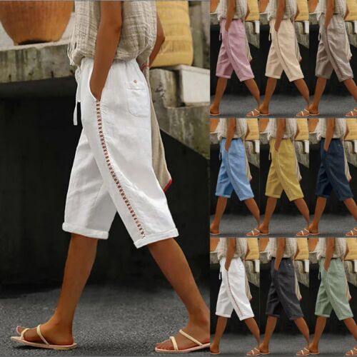 Summer Cotton Linen Cropped Pants Women Drawstring Waist Hollow Out Straight Leg