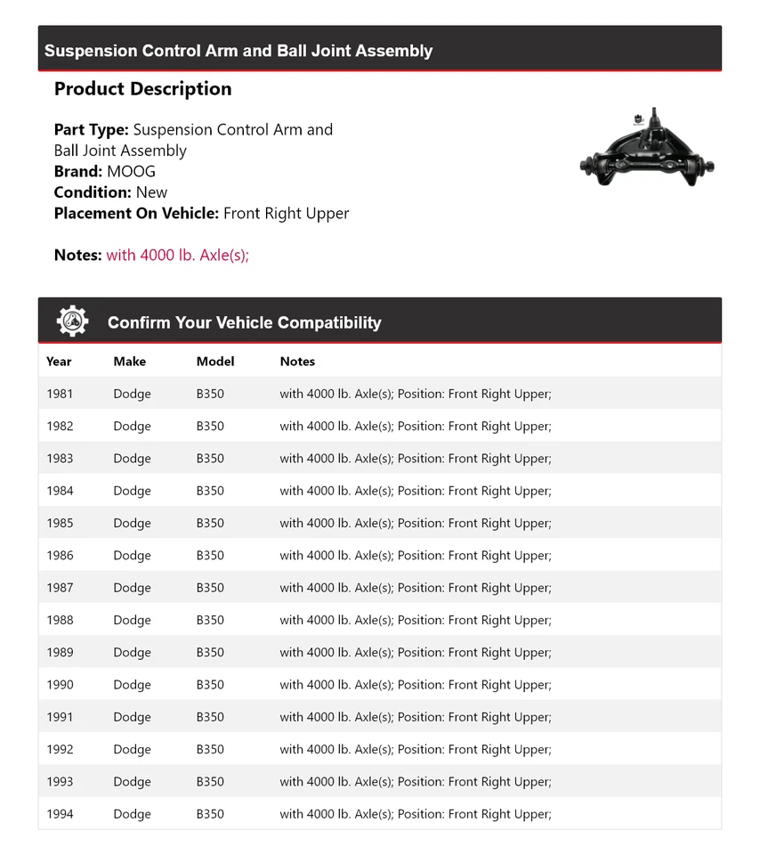Conjunto de rótula de brazo de control delantero derecho superior MOO para Dodge B350 1981-1994 Foto 2 de 4