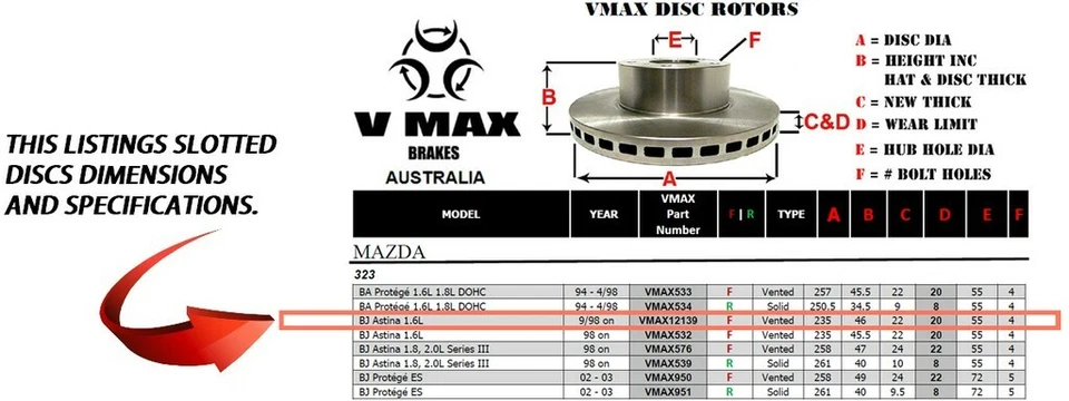 R SLOT fits MAZDA 323 BJ Astina 1.6L 9/98 Onwards FRONT Disc Brake Rotors & PADS - image 2 of 4