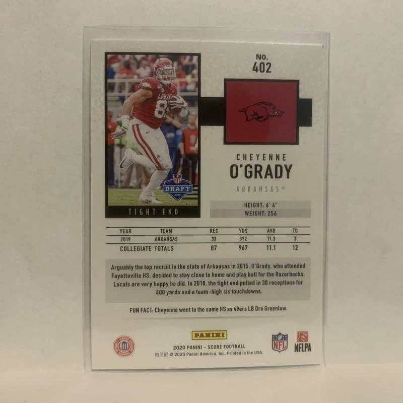 #402 Cheyenne O'Grady Rookie Arkansas 2020 Score Football Card LZ - Image 2 of 2
