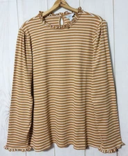 Croft & Barrow Shirt Ruffle Neck & Cuffs Women's 3X Brown With White Stripes NEW