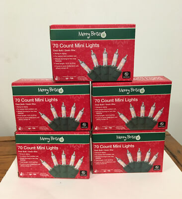 Merry Brite 70 count mini lights | Lot of 5 | clear bulb, green wire | FAST SHIP