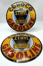 CONOCO ETHYL GAS 13.5" GAS PUMP GLOBE FACES (SET OF 2)  HEAVY STRENGTH GLASS!!