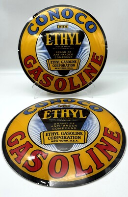 CONOCO ETHYL GAS 13.5'' GAS PUMP GLOBE FACES (SET OF 2)  HEAVY STRENGTH GLASS!!
