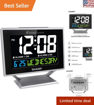 Atomic Clock with Color Display - Adjustable Brightness & Battery Backup System