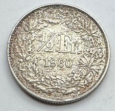1960 B Switzerland Silver .8350 1/2 FRANC - Swiss Half Franc - Free Shipping
