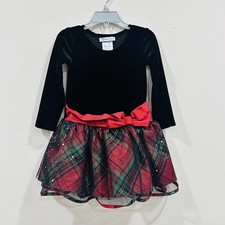 Bonnie Jean Girls Christmas Holiday Santa Plaid Velvet Red Silver Bow dress 3T