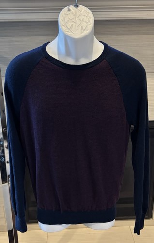 $98 NWOT J. CREW Navy & Purple 100 % Merino Wool Crewneck Sweater Size Small