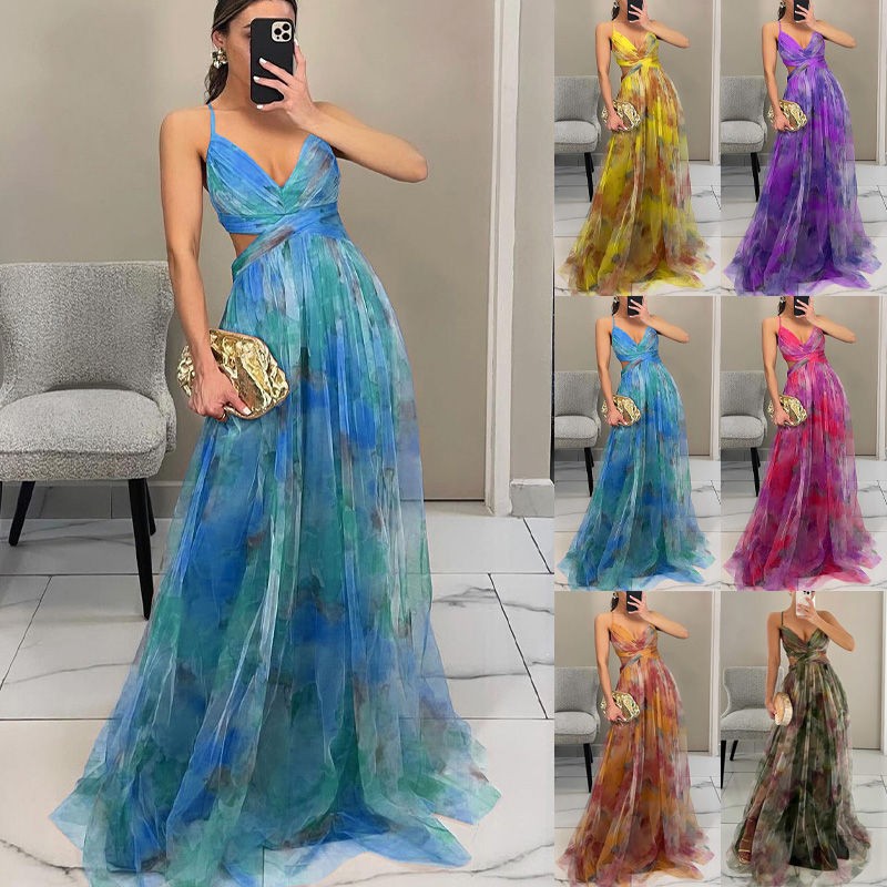 Mujeres Maxi Vestido Columpio Verano Sin Espalda Boho Impreso Vacaciones Cuello en V Fiesta