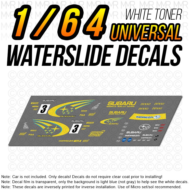 1/64 Scale SUBARU RALLY Custom White Toner Universal WaterSlide