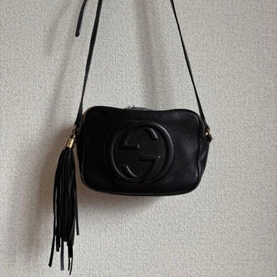 GUCCI Soho Disco Bag Black Pebbled Leather Crossbody Shoulder Camera Tassel GG