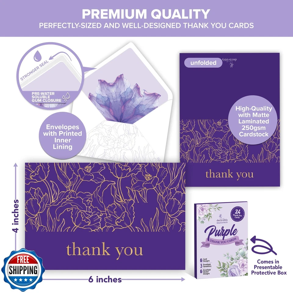 Pack de 24 tarjetas de agradecimiento decorativas de 6x4 pulgadas púrpura con sobres y pegatinas, 6 Foto 3 de 4