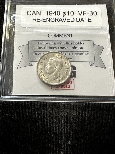 1940 Re-engraved Date  Canada  Ten ¢10 Cent,  Coin Mart Graded**VF-30**