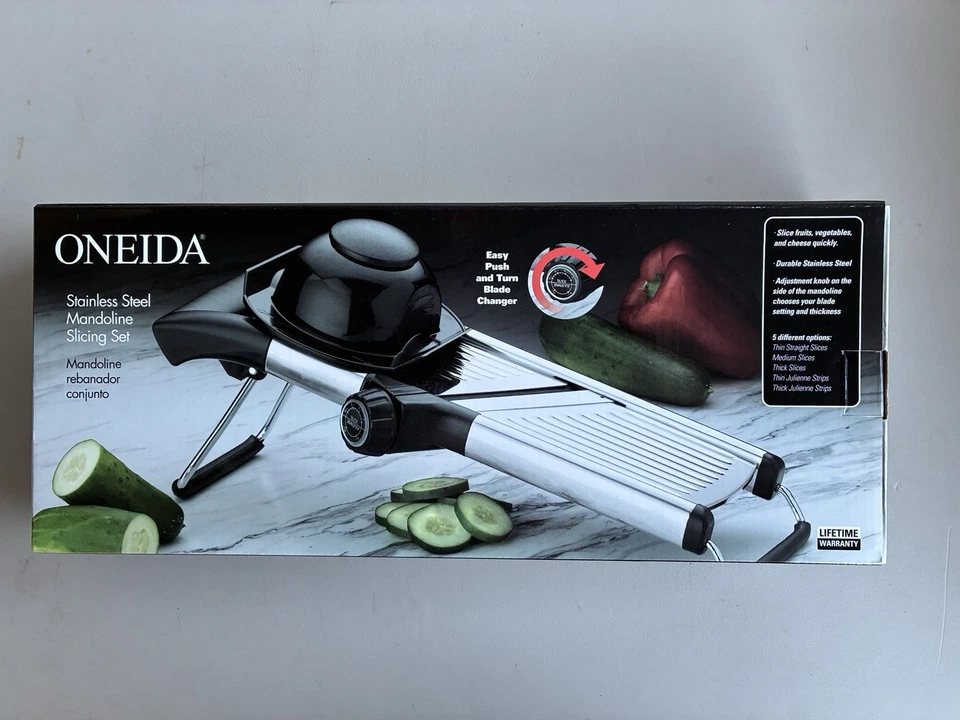 Juego de rebanadas de acero inoxidable mandolina Oneida opciones de perilla rebanadora nuevo Foto 2 de 4