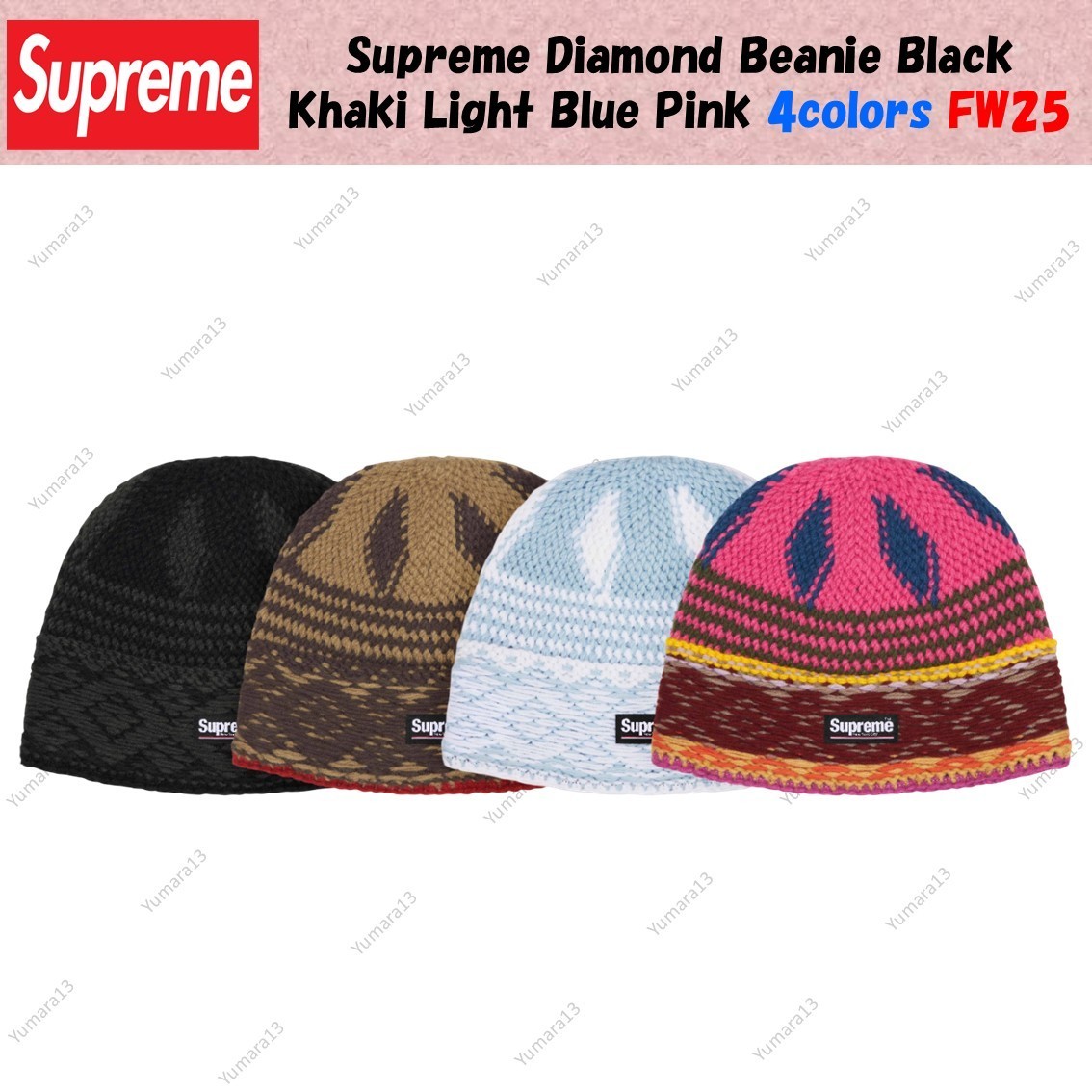 Supreme Diamond Beanie Black Khaki Light Blue Pink 4colors FW25 | eBay