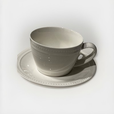 4 Eaton Fine Dining CASA Porcelain White Embossed Cup & Saucer Set 10.8oz