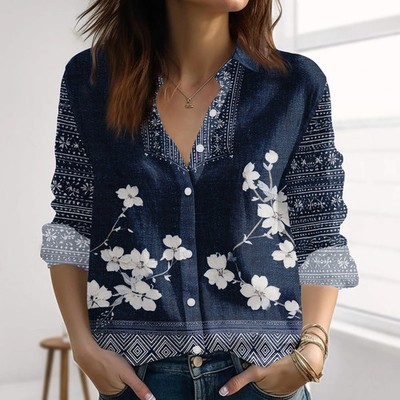 Indigo Blue Floral Shirt Japanese Style Botanical Top Chic Boho Gift for Women