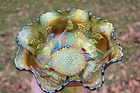 ANTIQUE FENTON STAG AND HOLLY CARNIVAL GLASS RUFFLED BOWL - GREEN - SCARCE COLOR
