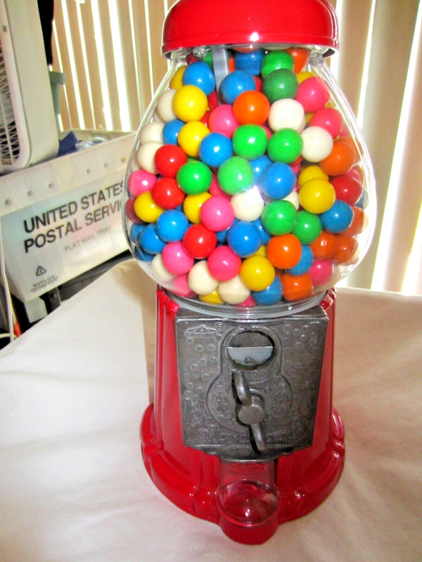 VINTAGE RED CAROUSEL GUMBALL MACHINE/FULL OF GUM/NO 89-B-055366