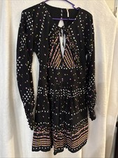 $128 FREE PEOPLE BLACK PRINTED LONG SLEEVE CORYN MINI DRESS Sz 10