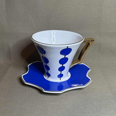 2016 CUP O' CHEER Cup And Saucer Pop Art Bright Blue Contemporary Polkadots