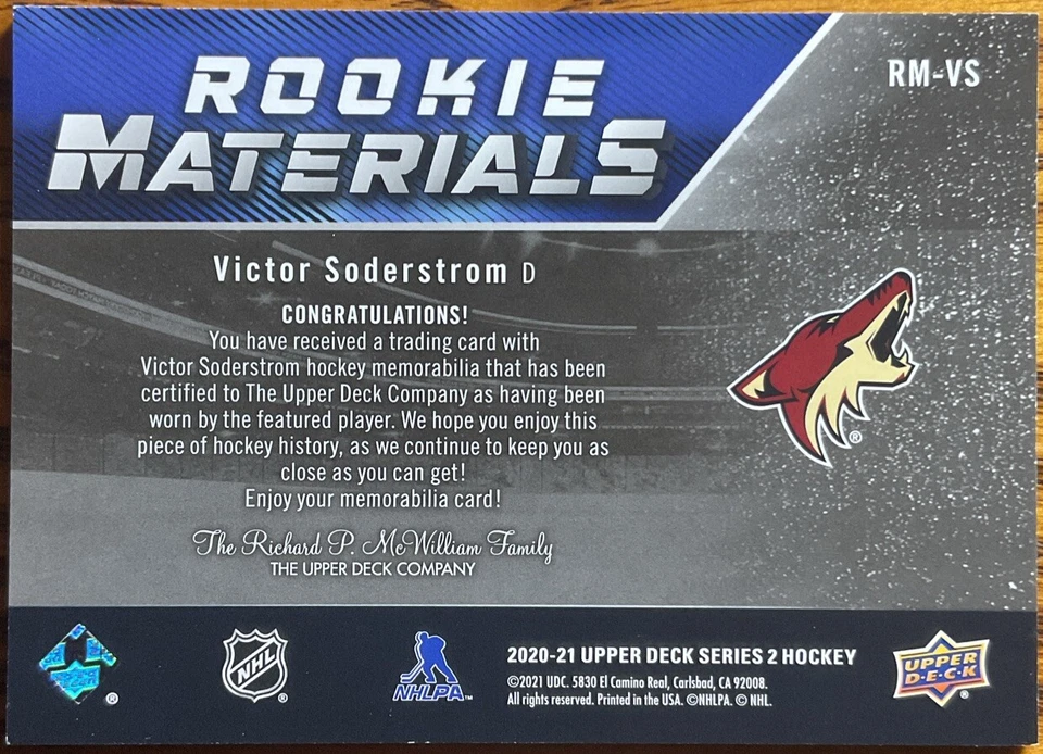 2020-21 Upper Deck Rookie Materials Victor Soderstrom #RM-VS Arizona Coyotes - Image 2 of 2
