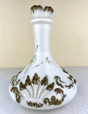Antique Milk Glass Barber Vanity Dresser Decanter w/ Stopper Gold Patina 8.5”
