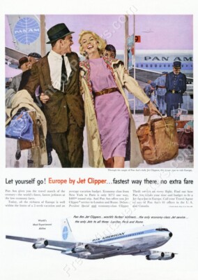 1950s Pan Am airlines Europe travel lilac sky vintage print ad NEW poster 18x24