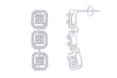 1.63CTW Baguette &Round Natural Diamond Drop Dangle Earrings 10K White Gold