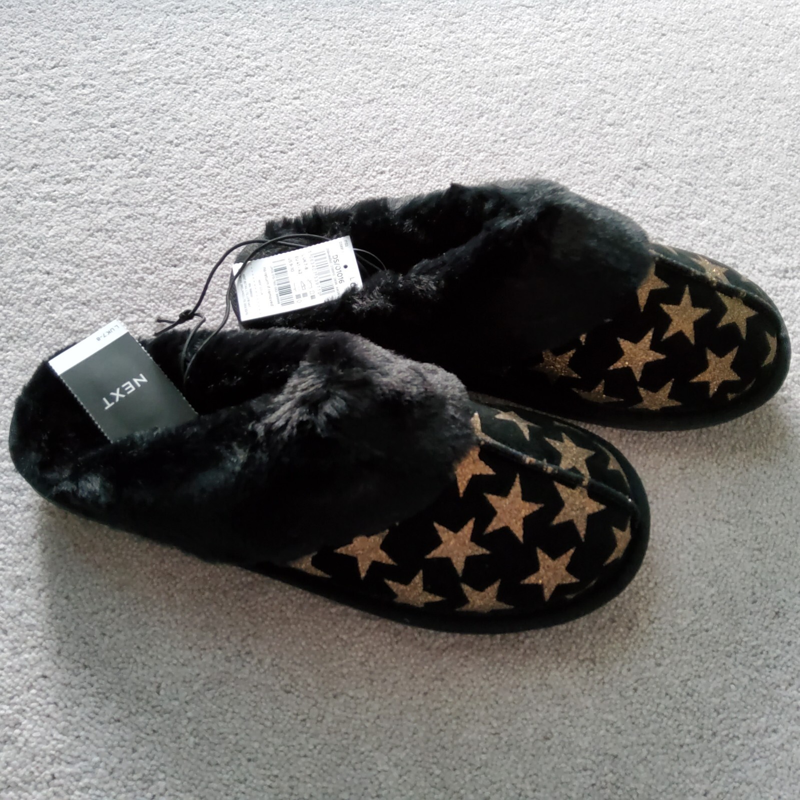 PANTOFOLA D’ORO NEXT Ciabatte donna nero oro stella scamosciata mulo TAGLIA LARGE 7 8 nuove