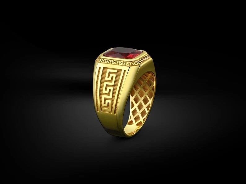 Men's Gold Ring with Ruby Gemstone | Greek Key Design Signet Ring Silver Ring - Image 4 of 4