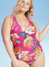 Women  s Plus Strappy Back One Piece Swimsuit-Kona Sol-Pink Floral Variety Sizes
