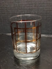 Vintage MCM Double Old Fashion/ Rocks Glass Clear With Gold Plaid 