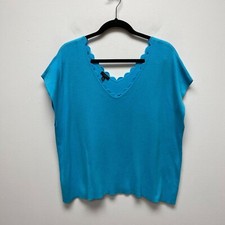 Talbots Blue Scalloped V-Neck Cotton Blend Knit Short Sleeve Sweater Plus 3XP